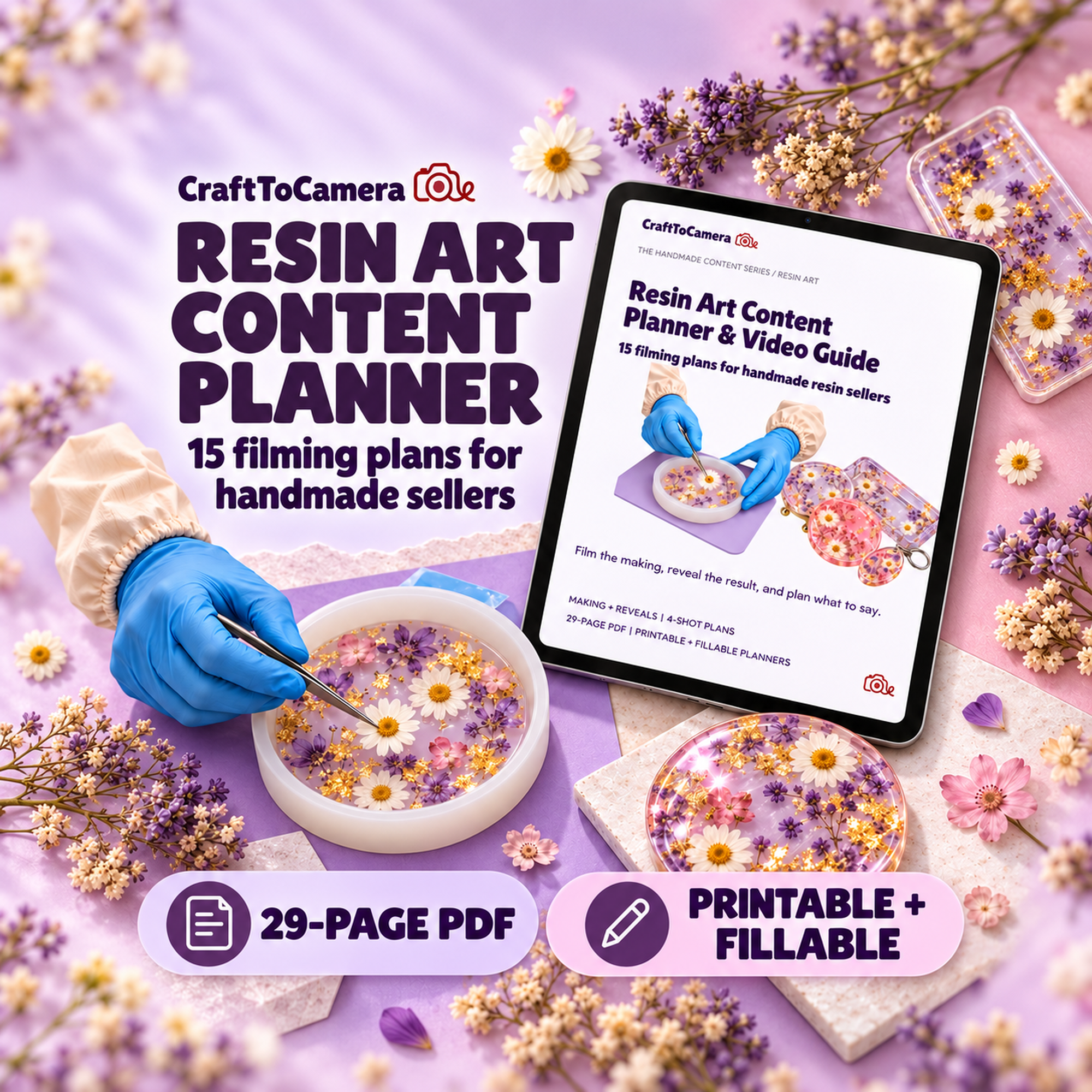 Resin Art Content Planner and Video Guide, 15 filming plans, 29-page printable and fillable PDF