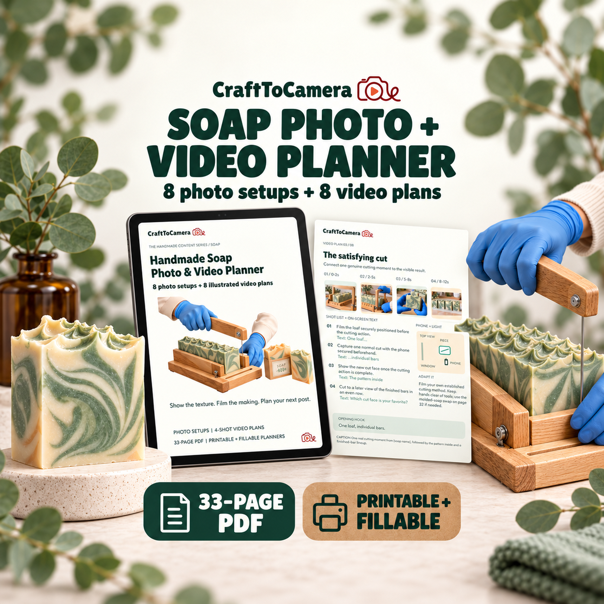 Handmade Soap Photo and Video Planner, 8 photo setups and 8 video plans, 33-page printable and fillable PDF