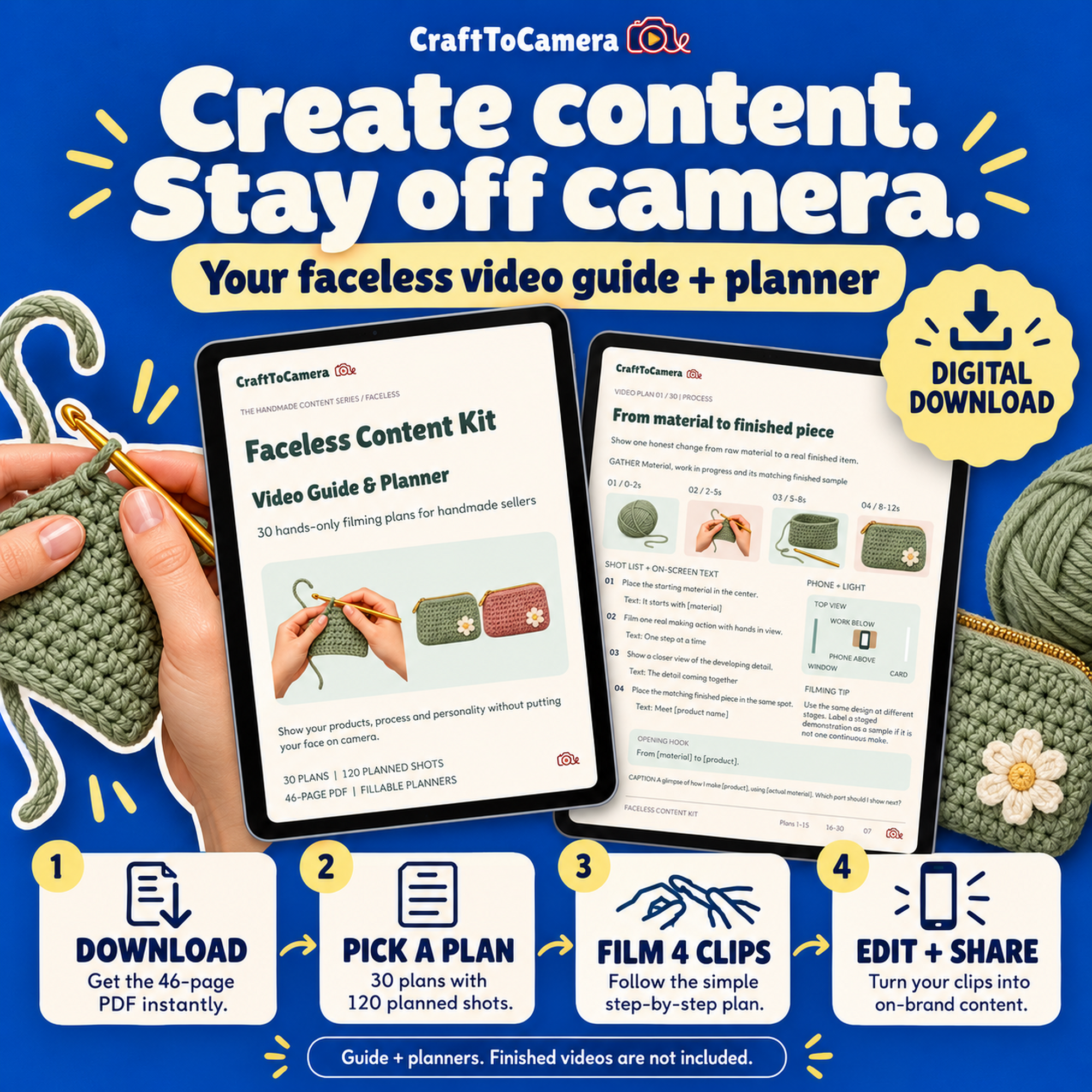 Faceless Content Kit Video Guide and Planner, 30 hands-only plans, 46-page PDF