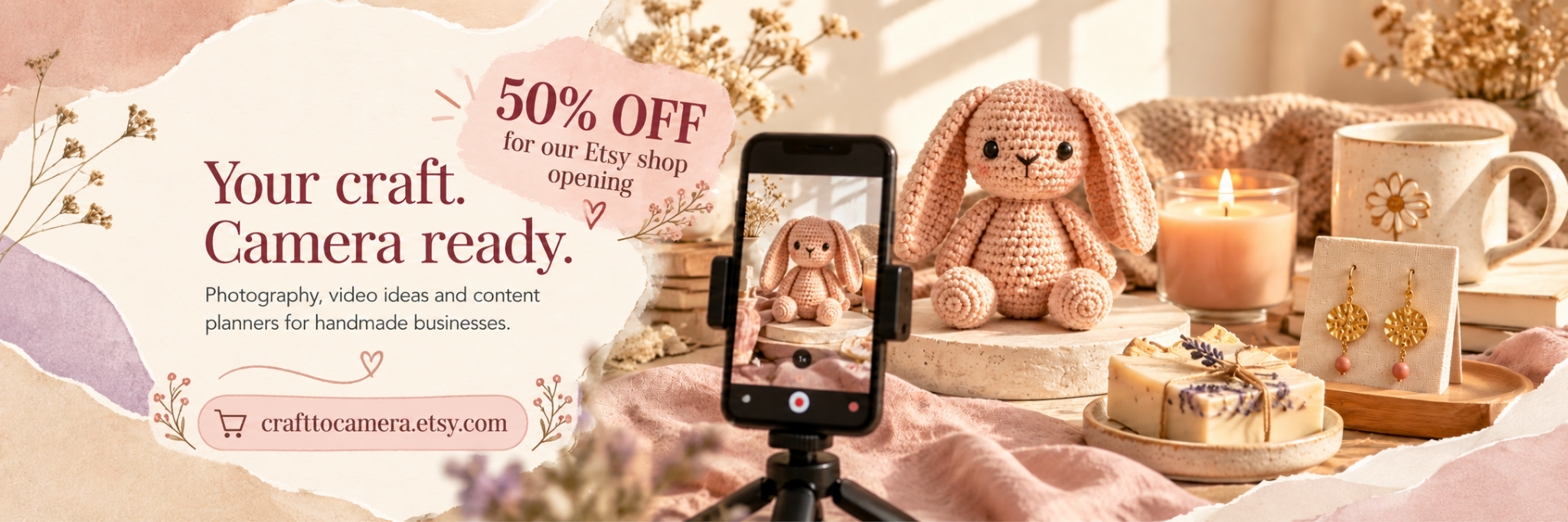 Your craft. Camera ready. Photography, video ideas and content planners for handmade businesses. 50% off for our Etsy shop opening at crafttocamera.etsy.com.