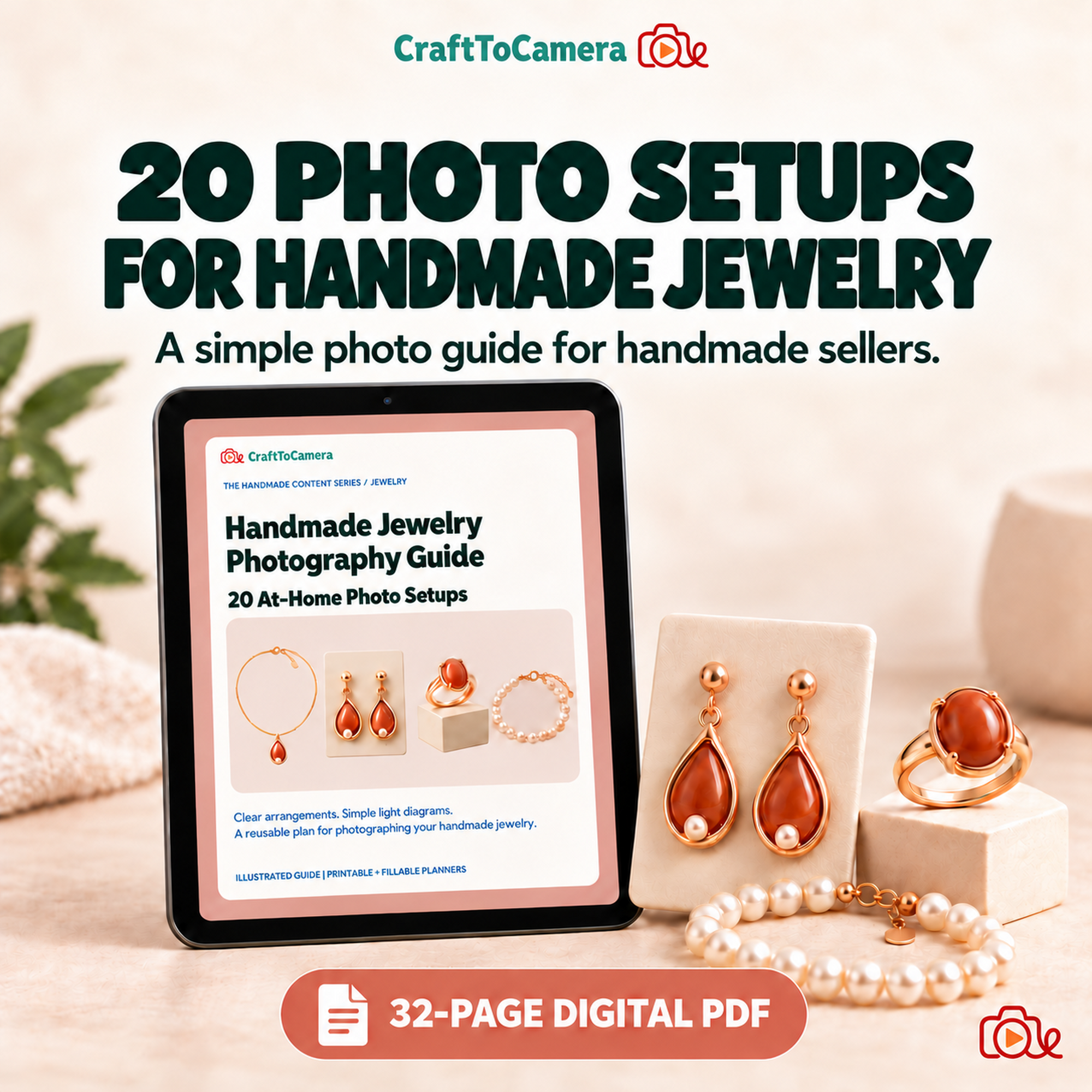 Handmade Jewelry Photography Guide, 20 photo setups, 32-page PDF